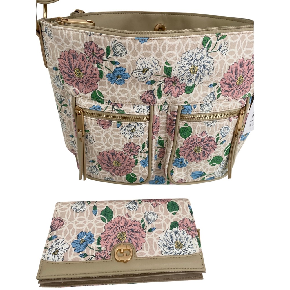 Time and Tru Floral Crossbody Bag and Wallet Set Women Beige Pink Multi